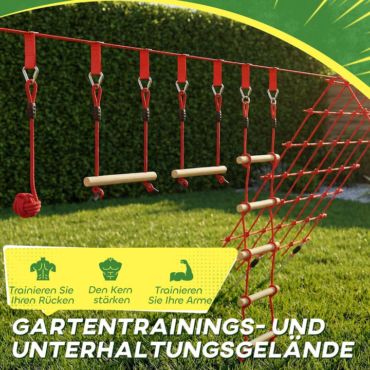 AIYAPLAY Ninja Line Kinder 10m Slackline Set mit Slackline, Turnringe, Schaukel, Kletterleiter, Klet