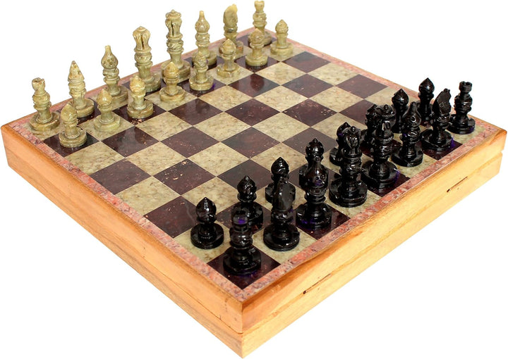 StonKraft Stein Holz Schach Schachbrett Schachbrettspiel Set aus Holz + Stein Schachfiguren (30 x 30