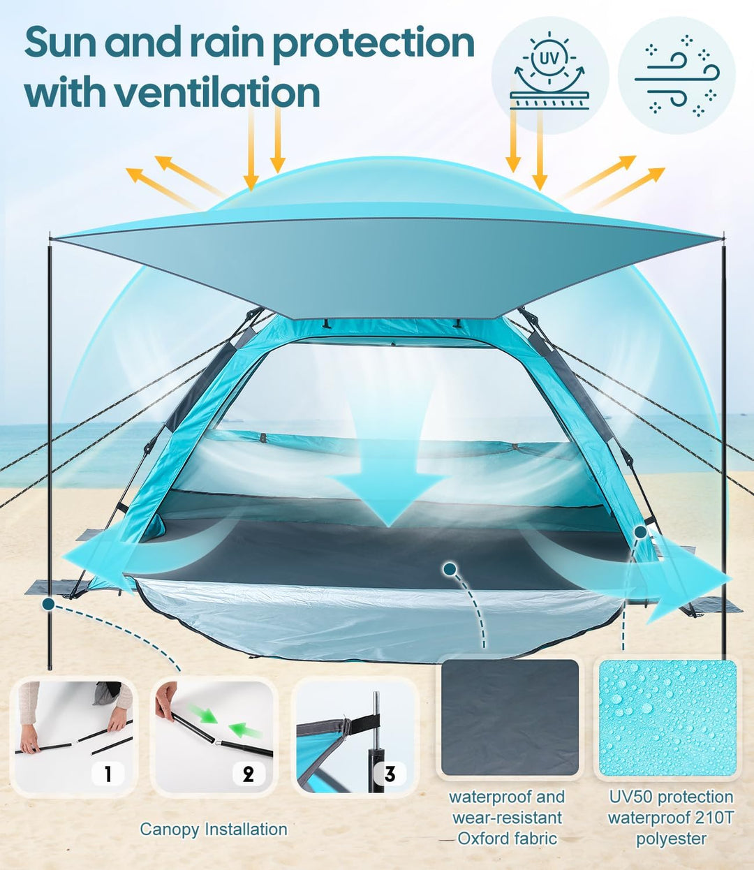 Dewur Strandmuschel 2-4 Personen Pop Up Strandzelt mit Sonnensegel UPF 50+ UV Sonnenschutz Wasserdic
