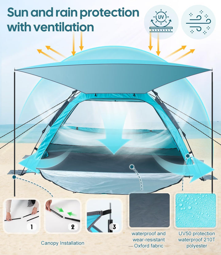 Dewur Strandmuschel 2-4 Personen Pop Up Strandzelt mit Sonnensegel UPF 50+ UV Sonnenschutz Wasserdic