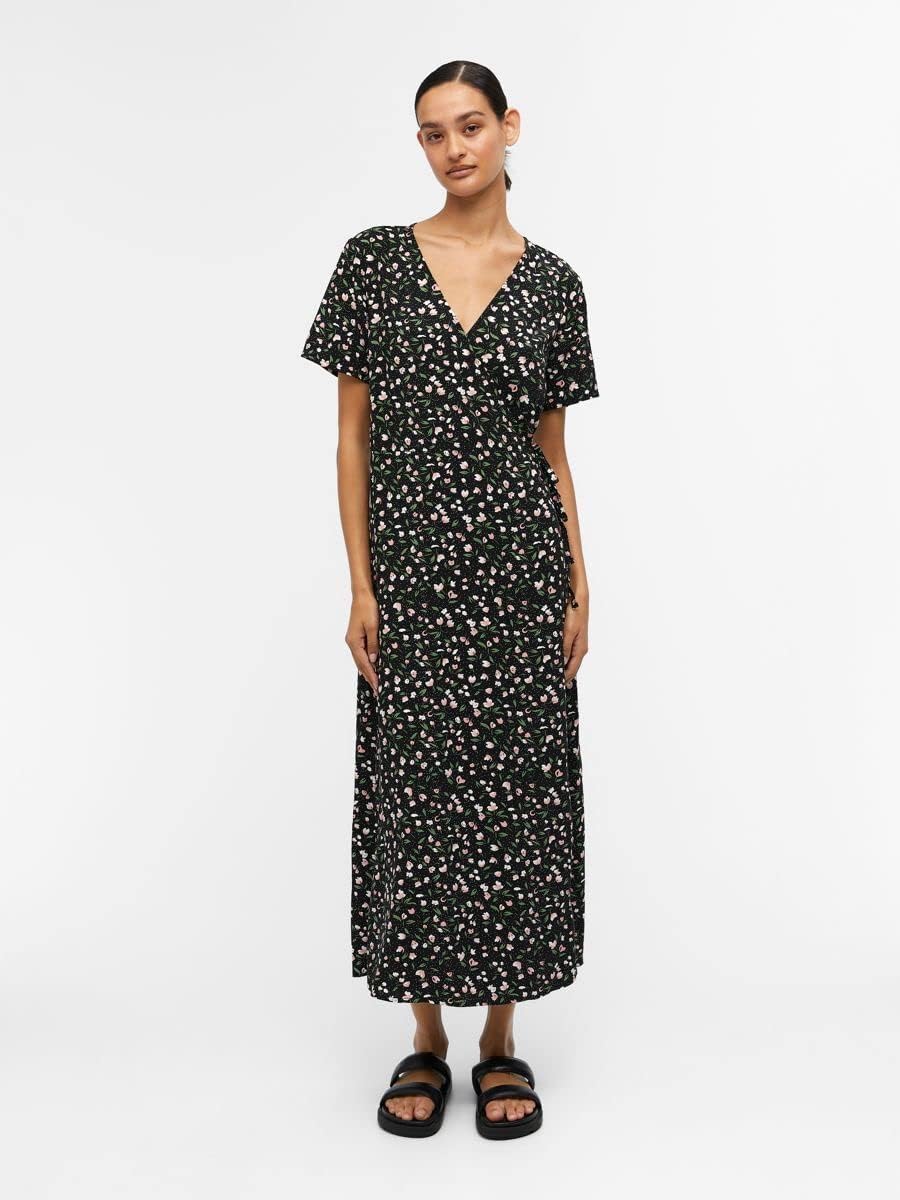 Object Damen Objema Elise S/S Long Wrap Dress Noos Kleid 36 Schwarz, 36 Schwarz