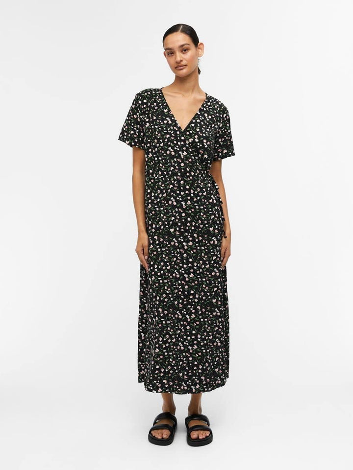 Object Damen Objema Elise S/S Long Wrap Dress Noos Kleid 36 Schwarz, 36 Schwarz