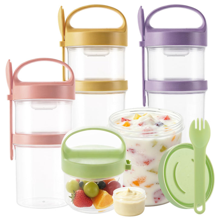 AKOLAFE 4er Set Müslibecher To Go in 4 Farben, Joghurtbecher mit Löffel und Dressing-Becher, 22,3x9,