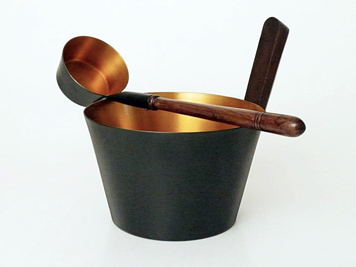 SudoreWell® Saunakübel Sauna - Aufgusskübel 5,0 l aus ALU (schwarz-gold) mit Holzgriff