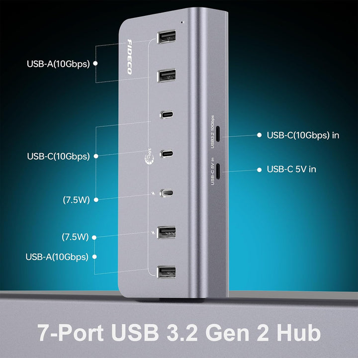 FIDECO USB Hub mit Netzteil, 7 Port USB 3.2 Gen 2, 10Gbit/s Schneller Datenhub, Vollaluminium-Verlän