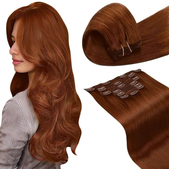 LaaVoo Clip in Extensions Echthaar,Rotbraun Haarverlängerung Clip in Echthaar Extensions Clip in Ech