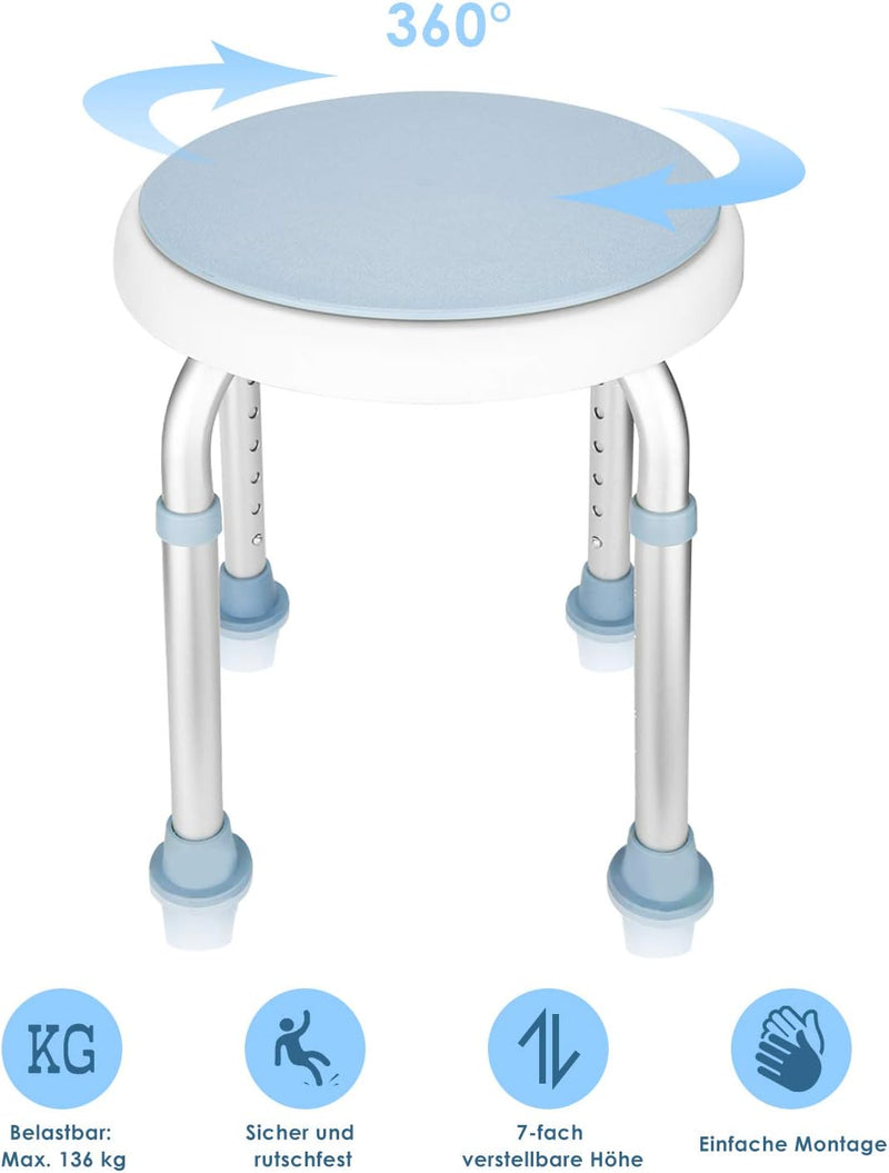 Lospitch Duschhocker für Senioren und Schwangere,36-51cm Höhenverstellbar Duschstuhl,360° Duschstuhl