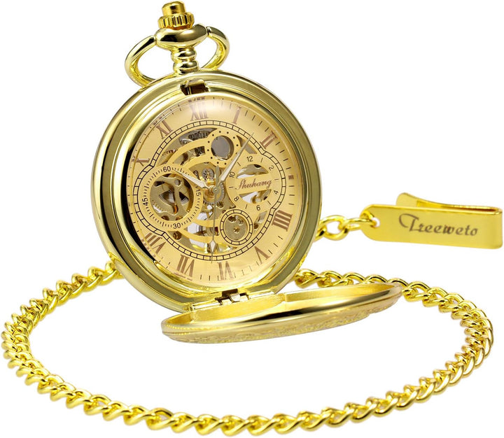 TREEWETO Unisex Taschenuhr mit Kette Analog Handaufzug Antik Zahnrad verziert Römische Gold