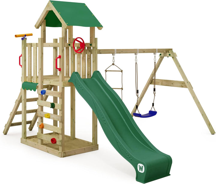 Wickey Spielturm Klettergerüst MultiFlyer Light, Schaukel & grüner Rutsche, Outdoor Kinder Klettertu