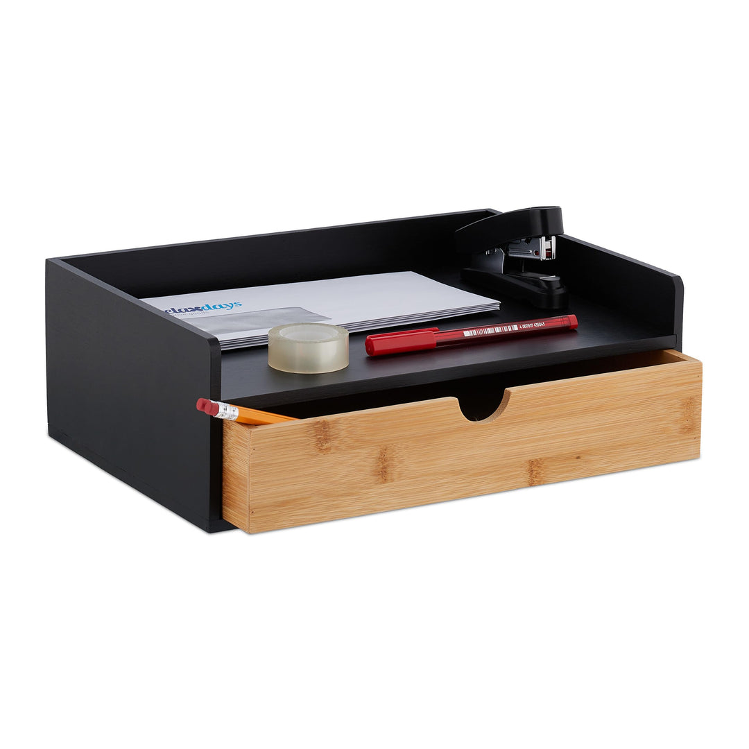 Relaxdays Schreibtisch Organizer, 1 Schublade, DIN A4 Ablage, Bambus, HBT: 11 x 32 x 22 cm, Büroorga