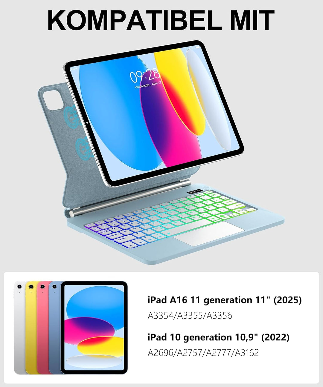 JADEMALL Magic Keyboard Für iPad A16 11/10. Gen mit TP &amp; Beleuchtung QWERTZ | Magic Keyboard für iPa