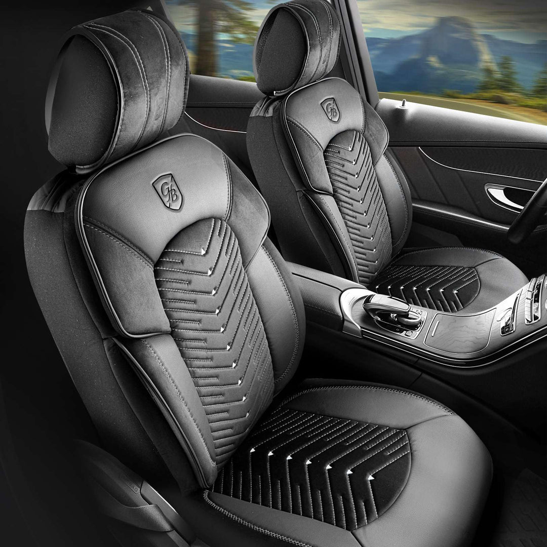 Autositzbezüge Universal für PKW & SUV – Premium Vordersitze Auto Sitzbezug aus Samt, Schwarz-Grau,