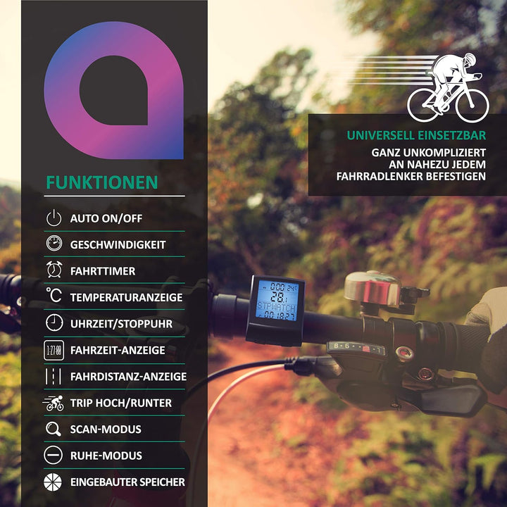 Fahrradcomputer kabellos - Fahrradtacho - Radcomputer - Tachometer - 13 Funktionen - Temperaturanzei