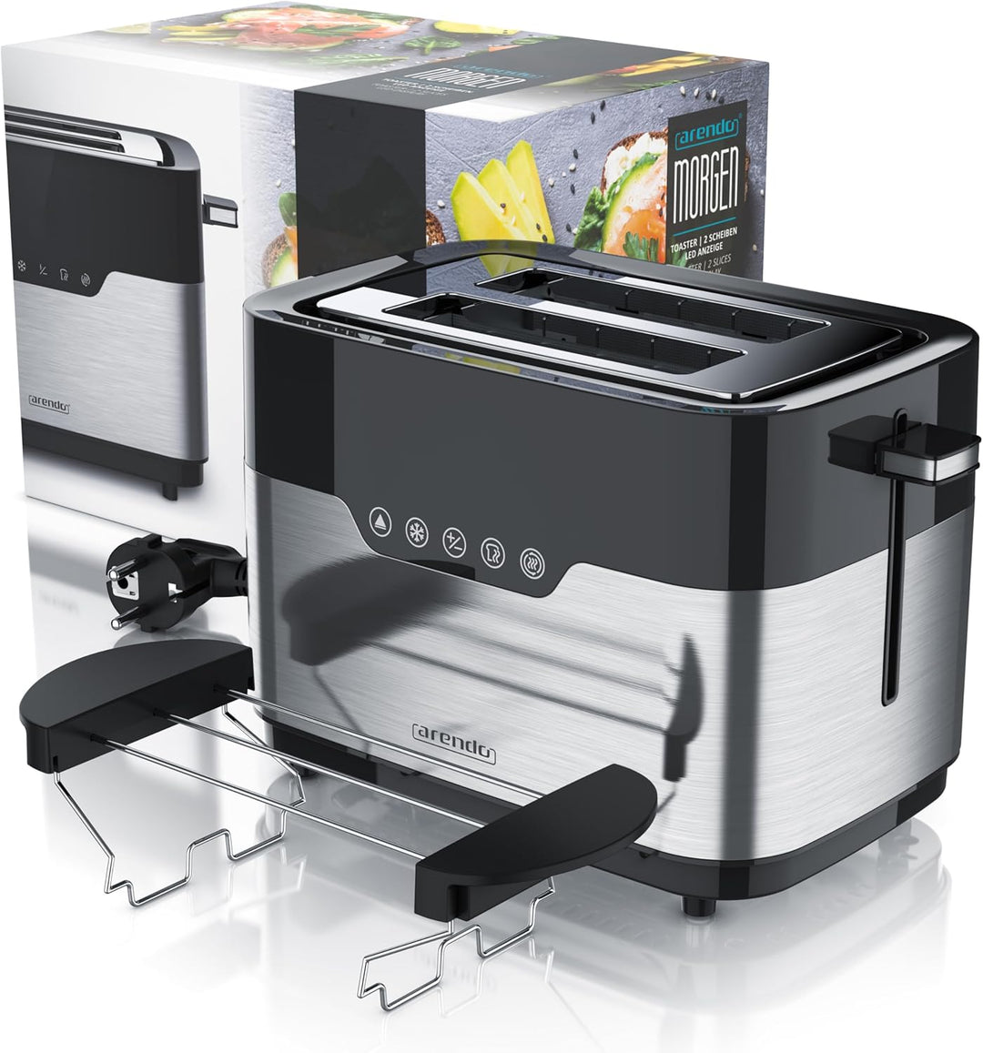 Arendo - Toaster 2 Scheiben Edelstahl - Touchdisplay – mit Brötchenaufsatz - extra breite Schlitze –