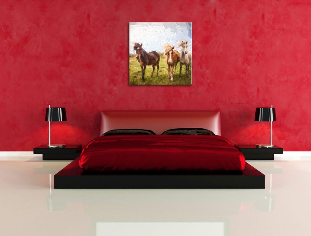 Pixxprint DREI Wilde Islandpferde Pinsel Effekt, Format: 70x70 auf Leinwand, 70x70