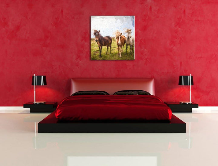 Pixxprint DREI Wilde Islandpferde Pinsel Effekt, Format: 70x70 auf Leinwand, 70x70
