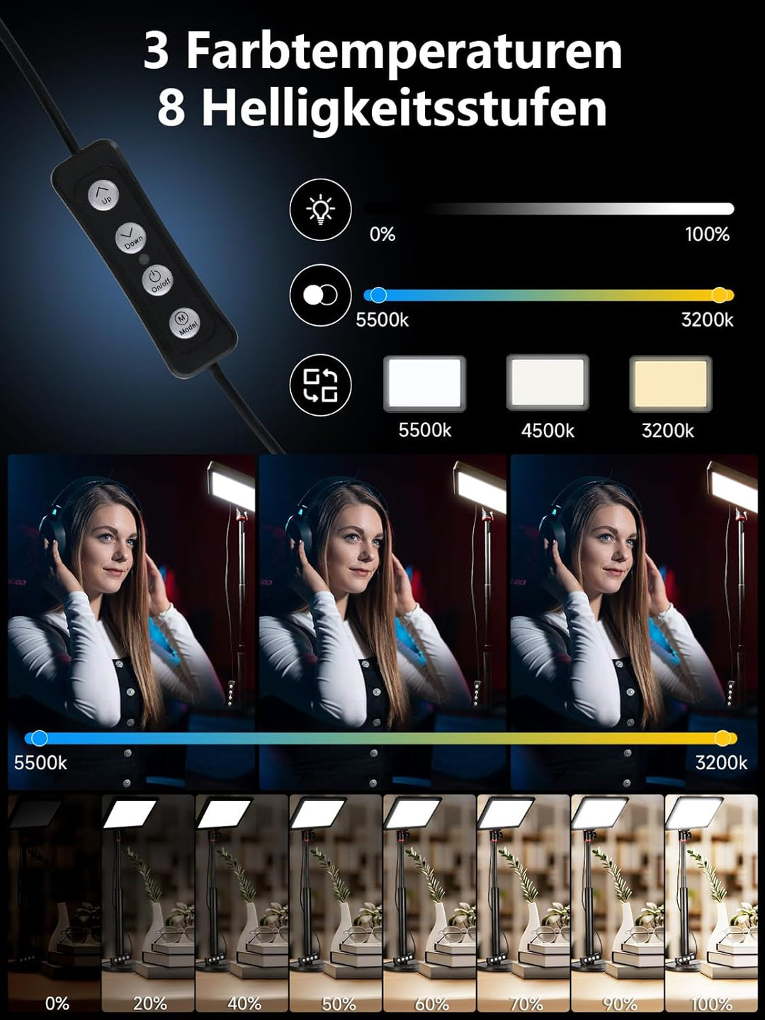 Rollei Lumis Key-Light, LED Videolicht inkl. Tischstativ mit Fernbedienung am Kabel zum Ausleuchten