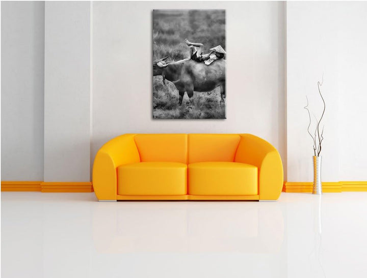 Pixxprint Wasserbüffel trägt Kind als Leinwandbild/Grösse: 100x70 cm/Wandbild/Kunstdruck/fertig besp