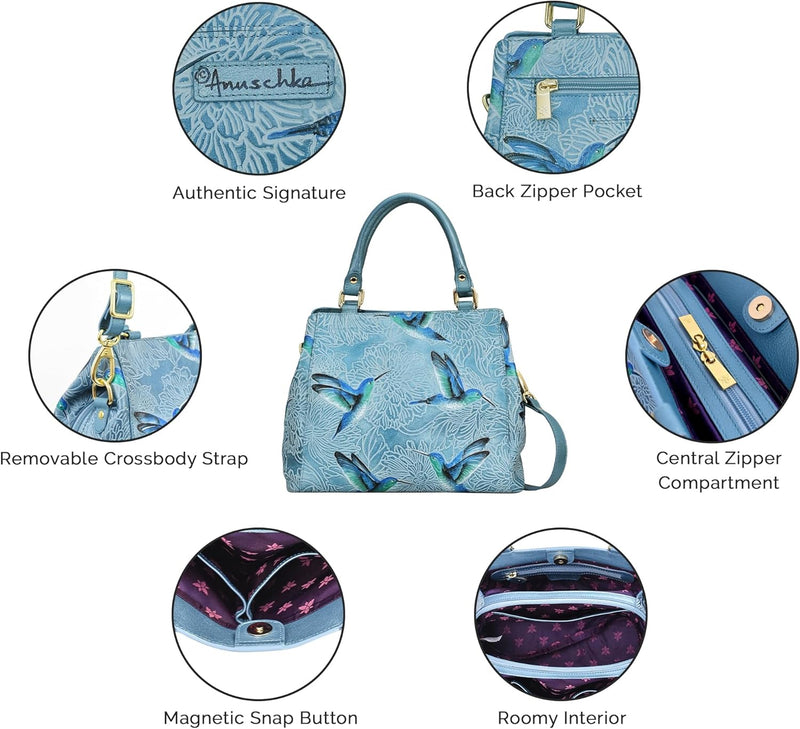 Anuschka Handbemalte Satchel Tasche mit mehreren Fächern aus Echtleder Butterfly Blooms Bronze, Butt