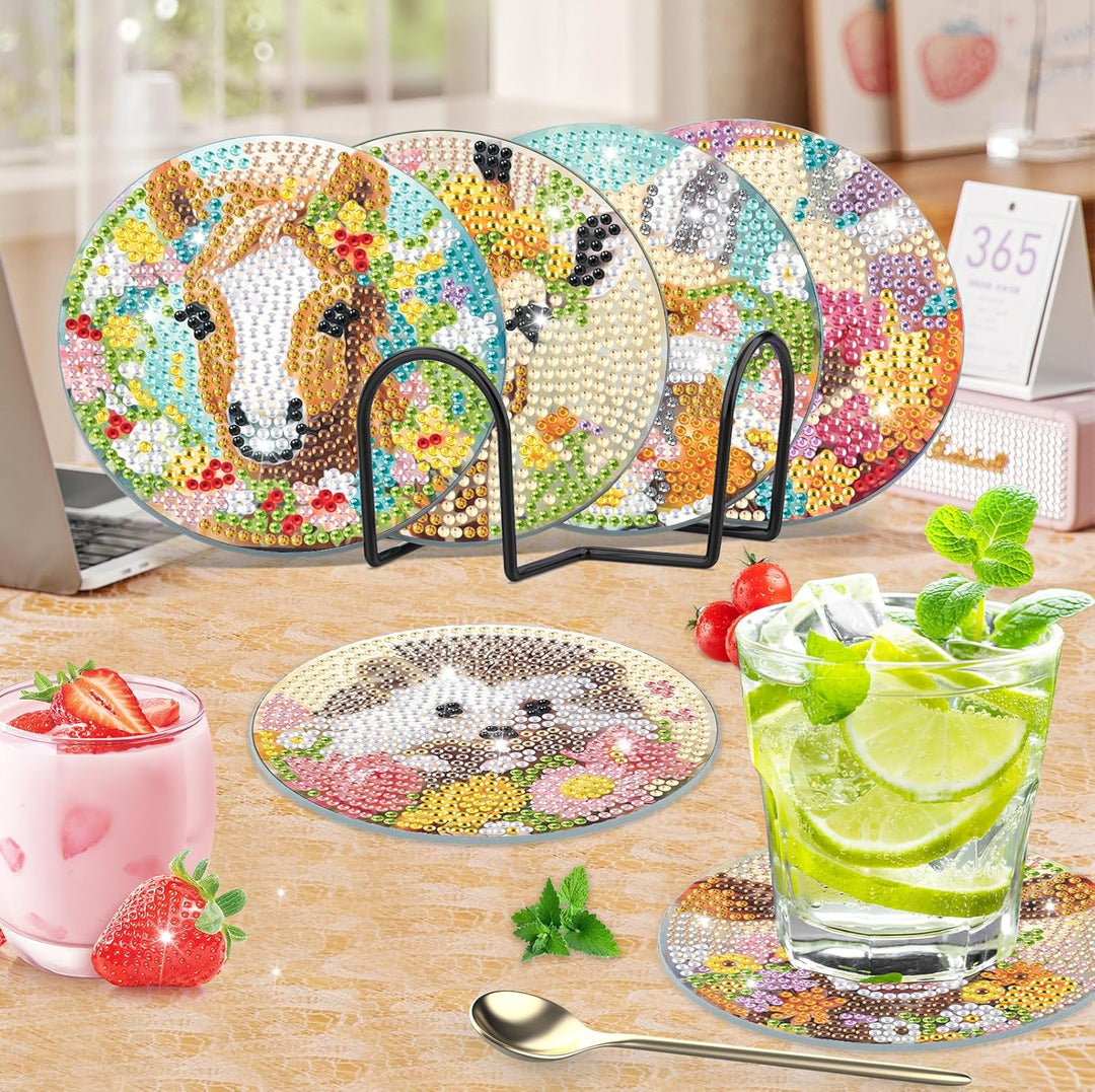 8 STK Diamond Painting Untersetzer mit Halter, Diamant Tassenuntersetzer mit Kork, Tiere für Erwachs