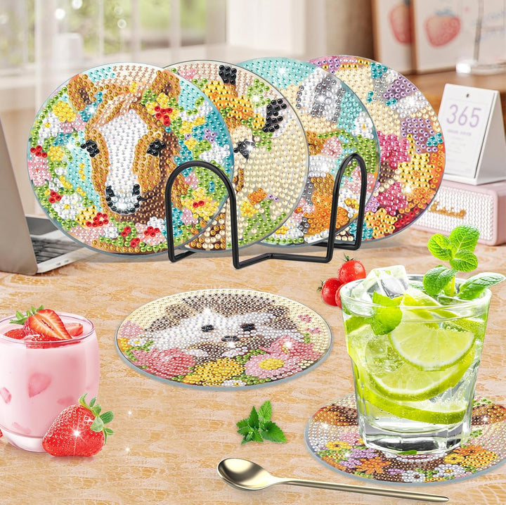 8 STK Diamond Painting Untersetzer mit Halter, Diamant Tassenuntersetzer mit Kork, Tiere für Erwachs