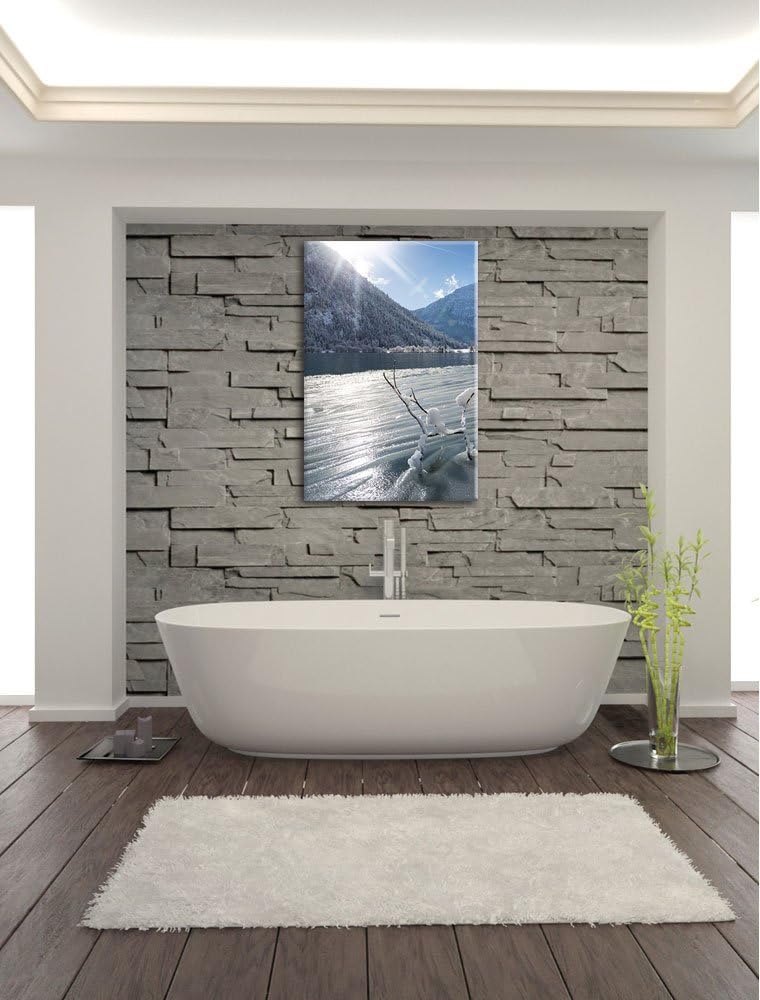 Winterlandschaft See, Format: 100x70 auf Leinwand, XXL riesige Bilder fertig gerahmt mit Keilrahmen,
