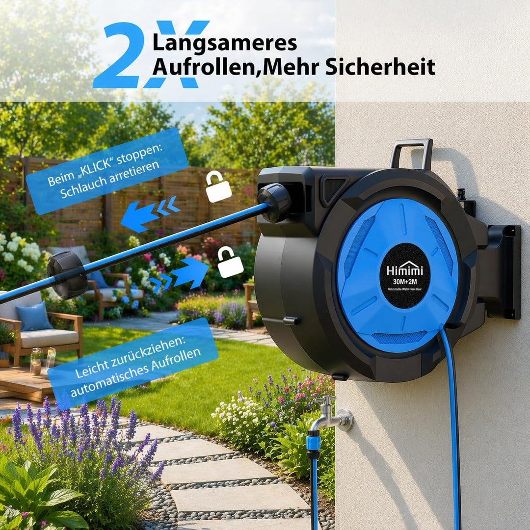 Himimi Ausziehbare Wand-Schlauchtrommel 30 m + 2 m 1/2 Zoll, automatischer Gartenschlauch mit langsa