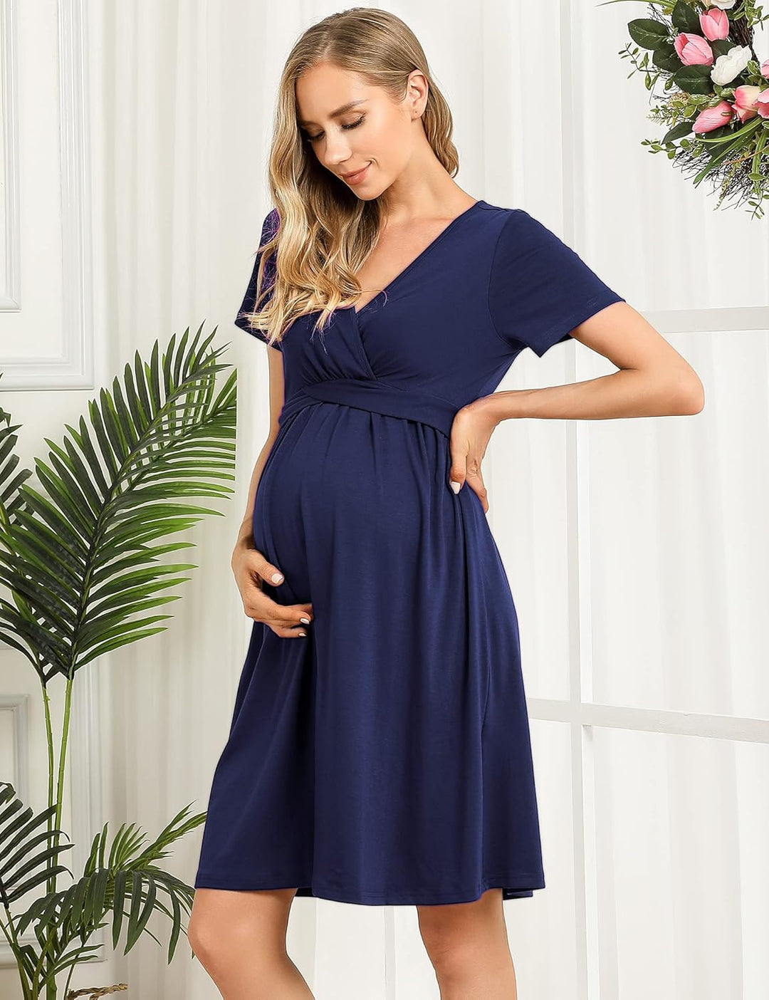 KOJOOIN Damen Umstandskleid V-Ausschnitt Stillkleid Casual Falten Schwangerschaftskleid(Verpackung M