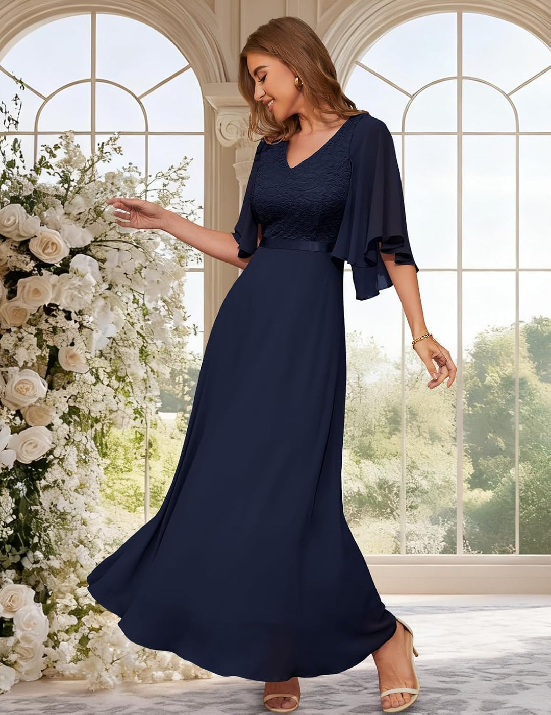 DRESSTELLS Festliche Abendkleider Damen Hochzeit Ballkleid Elegant Lang Brautkleid Standesamt Chiffo