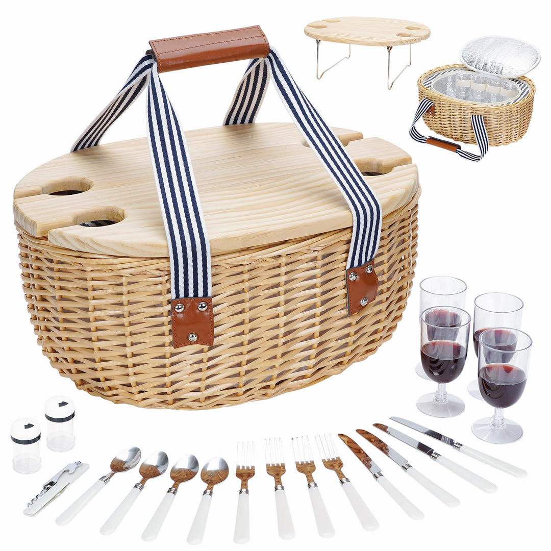 Picknickkorb für 4 - Weiden-Picknick-Set mit Weintisch | Weidenkorb-Set mit isolierter Kühltasche fü