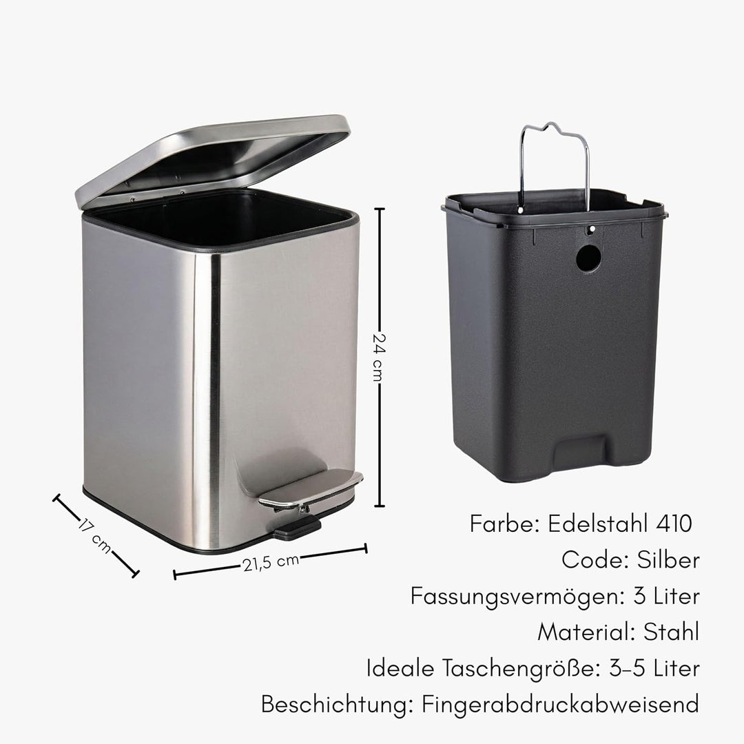 Erreke Badezimmer-Treteimer 3L, Silber, herausnehmbarer Inneneimer, Robust | Mülleimer Bad aus Edels