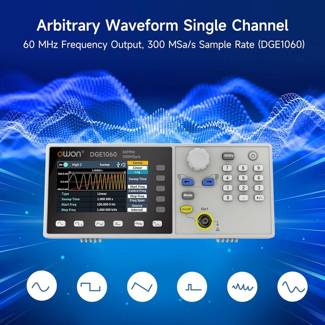 OWON DGE1060 Signalgenerator 60 MHz, 300 MSa/s Funktionsgenerator, 14-Bit Arbiträrgenerator, USB-Anb