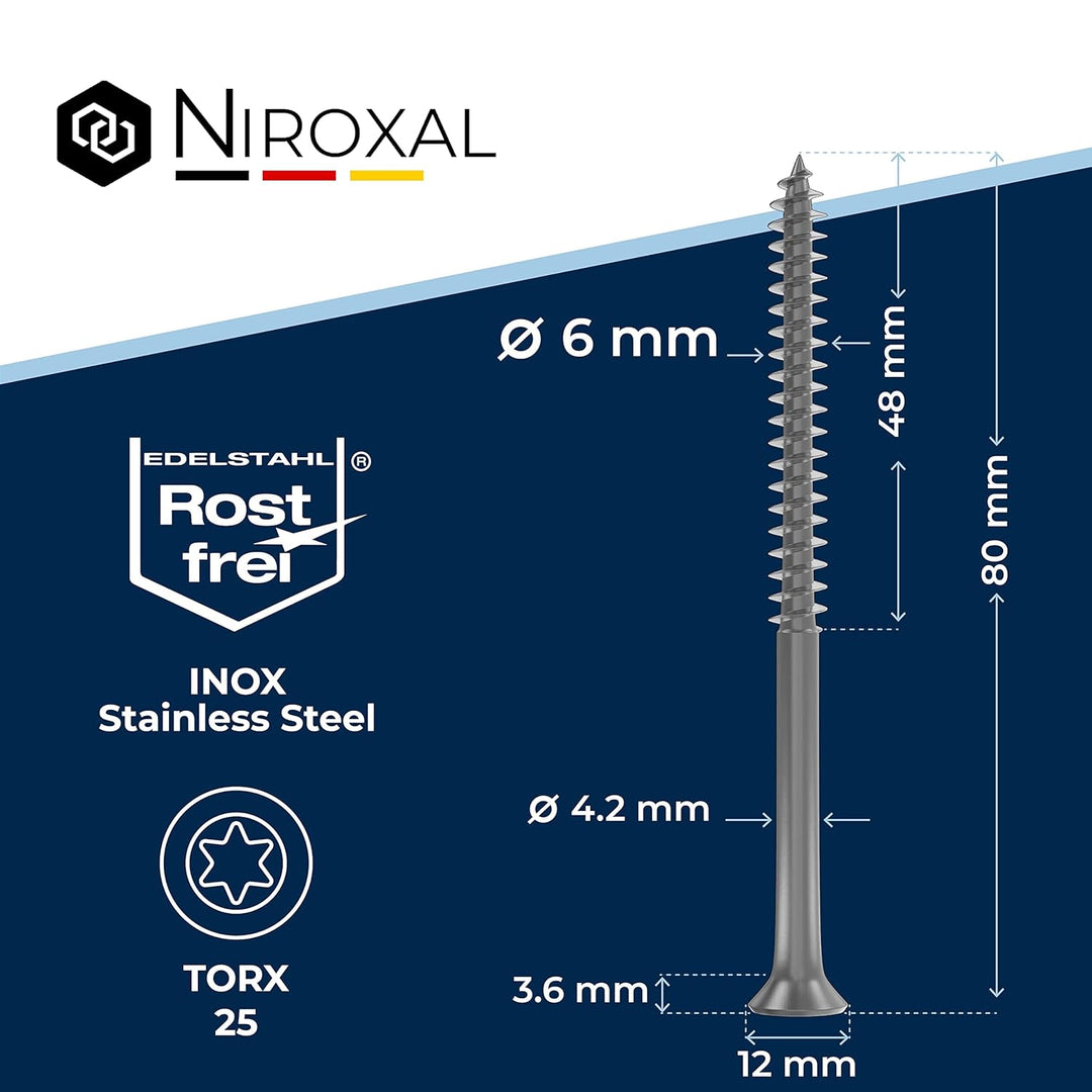 Holzschrauben Torx Schrauben 6x80 Edelstahl V2A rostfrei Spanplattenschrauben für Holz Teilgewinde 6