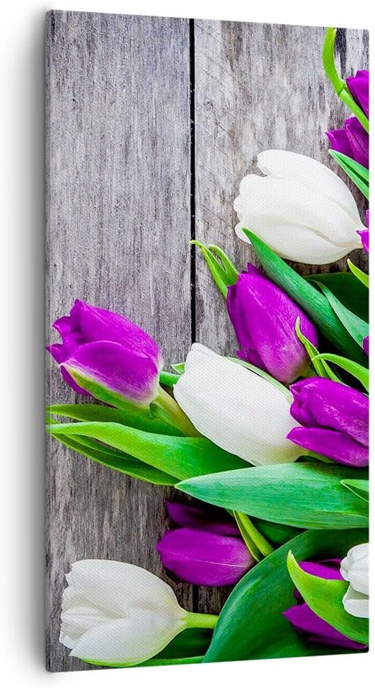 Bilder auf Leinwand 55x100cm Leinwandbild mit Rahmen Tulpen Holz Blumenstrauss Blumen Gross Wanddeko