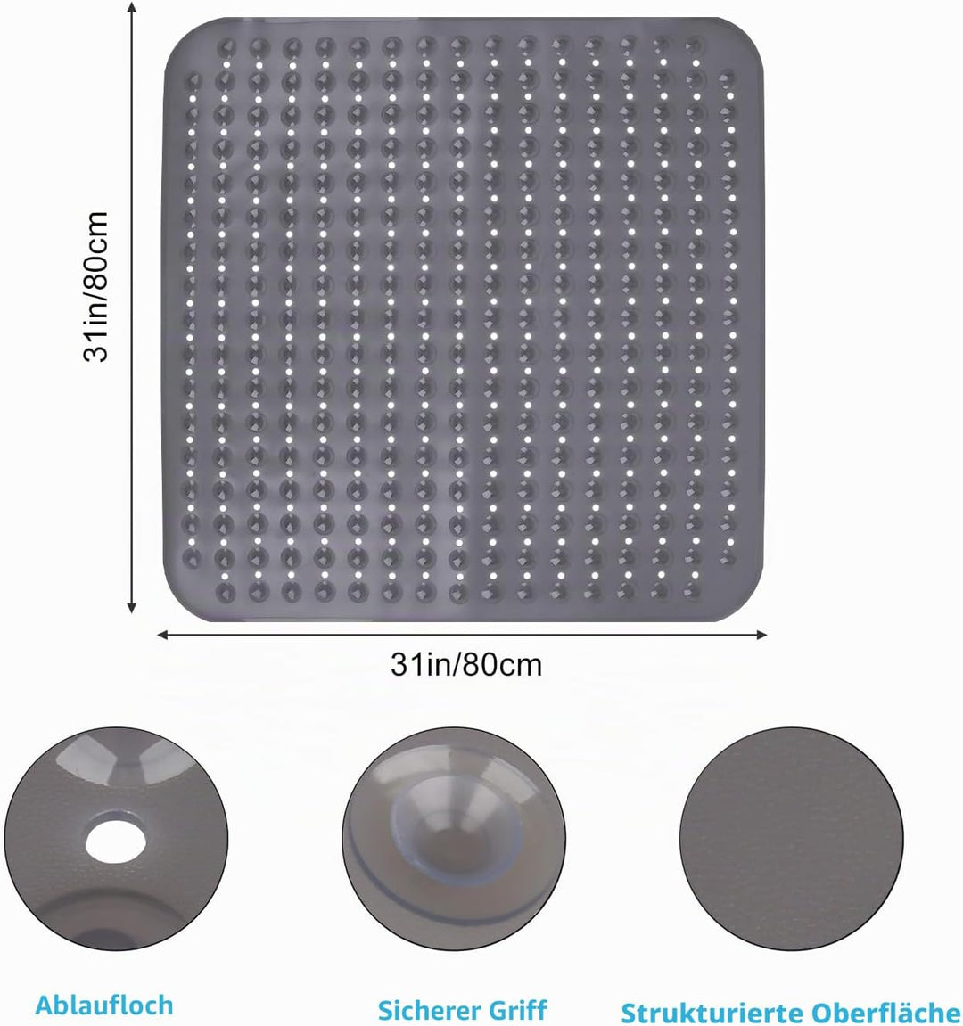 Leeko 80x80cm Duschmatten, rutschfest Badematte mit 285 Saugnäpfen und Abflusslöchern, PVC Material