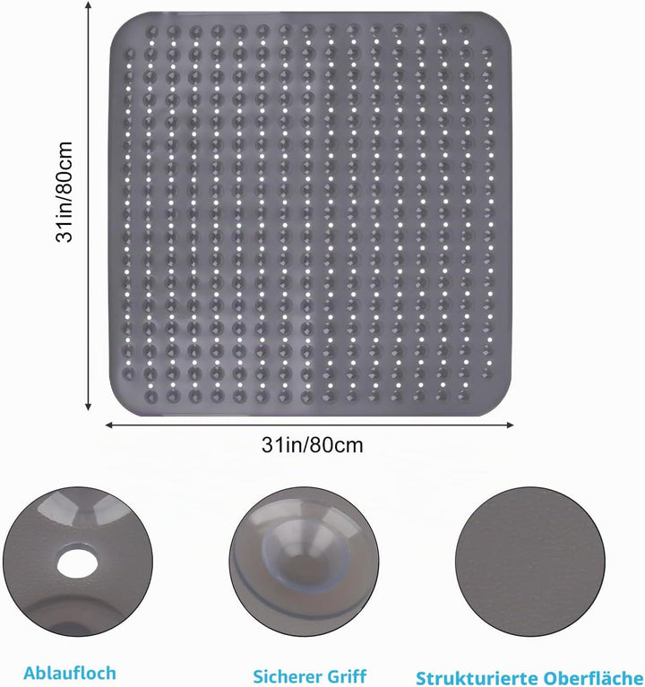 Leeko 80x80cm Duschmatten, rutschfest Badematte mit 285 Saugnäpfen und Abflusslöchern, PVC Material