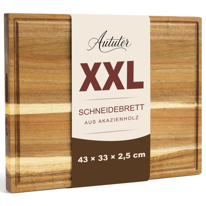 Schneidebrett Holz 43×33×2,5 cm aus massivem Akazienholz Küchenbrett | Saftrille hält Flüssigkeit zu