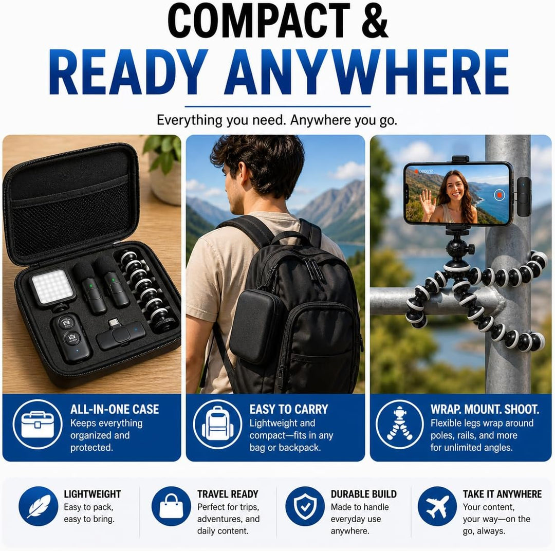 Acuvar Flexibles Stativ-Vlogging-Kit für iPhone, Android und GoPro mit LED-Licht, Handyhalterung, Mi