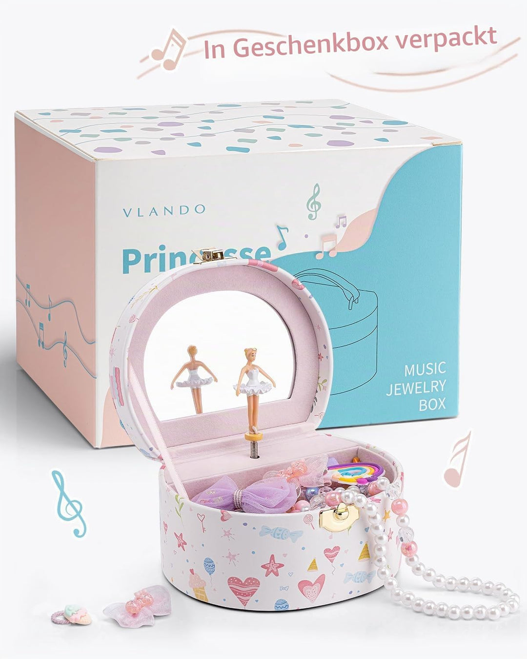 VLANDO Schmuckkästchen Mädchen mit Spieluhr, Schmuckkasten Kinder mit Drehendem Ballerina &amp; Spiegel,