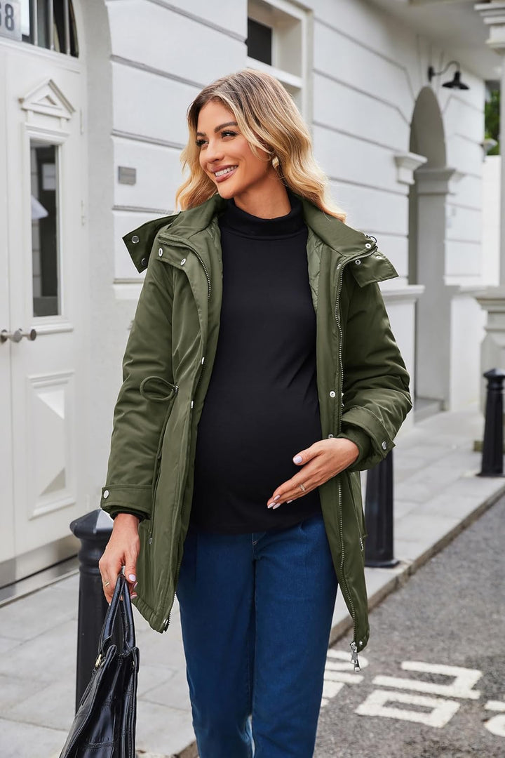 Maacie Umstands Baumwolljacke 3 in 1 Winter Langer Puffer Daunenjacke Parka mit Kapuze mit Taschen W