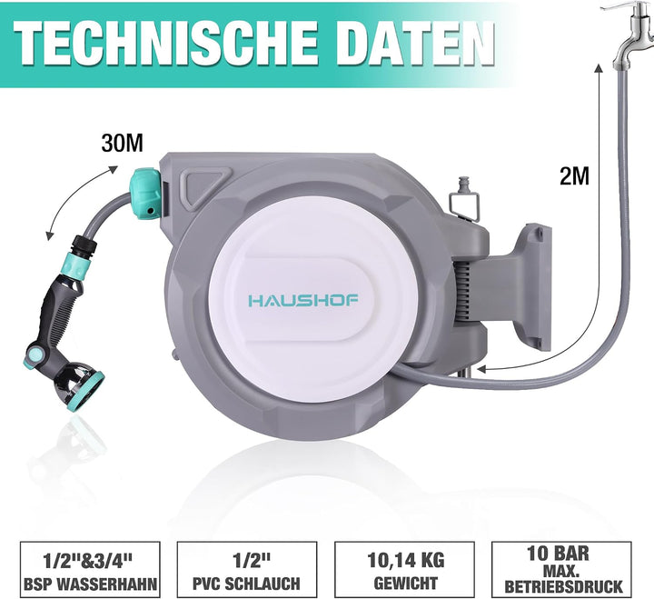 HAUSHOF Schlauchtrommel 30+2m Gartenschlauchaufroller mit 180° Schwenkbarer Wandhalterung und 10 Spr