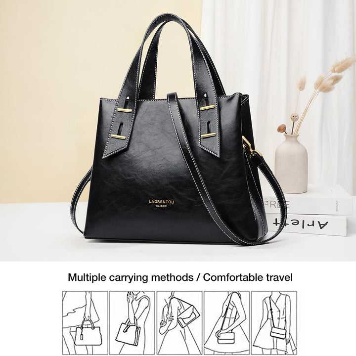 LAORENTOU Damen-Handtasche aus echtem Leder mit Tragegriff oben 01-1 Schwarz (Kleine Grösse), 01-1 S