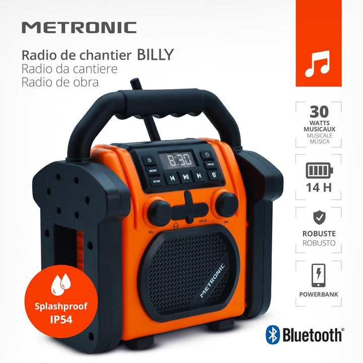METRONIC 477227 Baustellenradio FM Bluetooth mit wiederaufladbarem Backup-Akku – robust, stossfest,