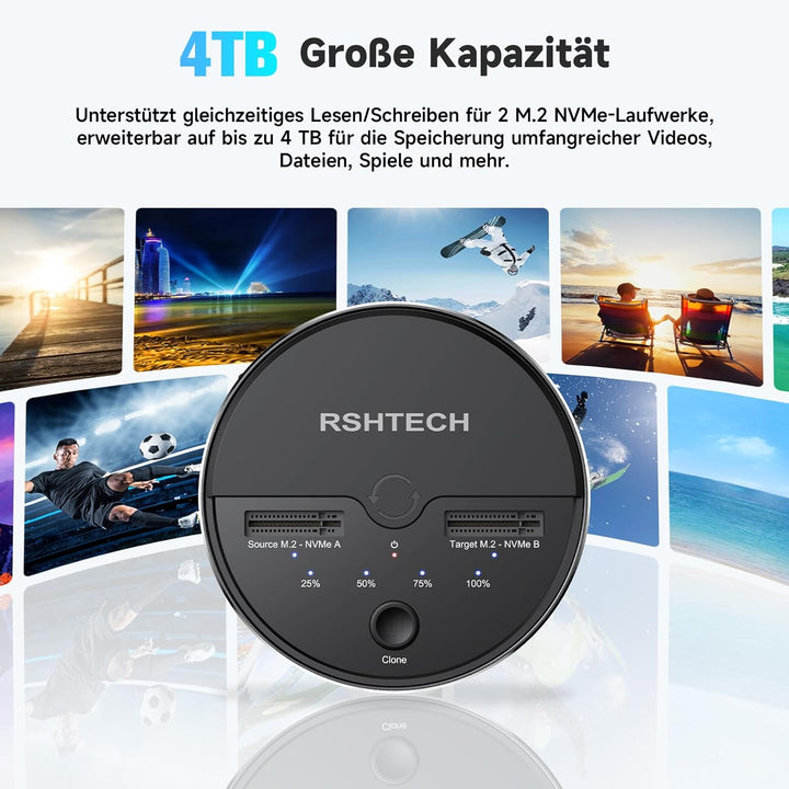 RSHTECH Dual Bay M.2 Nvme Clone Docking Station - M.2 SSD External Dock - Dockingstation Unterstützt
