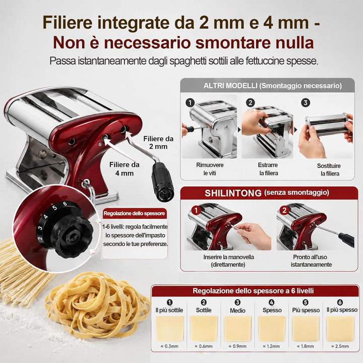 Manuelle Nudelmaschine Edelstahl mit Handkurbel, 6 Einstellbare Dickenstufen 2mm/4mm Doppelschneider