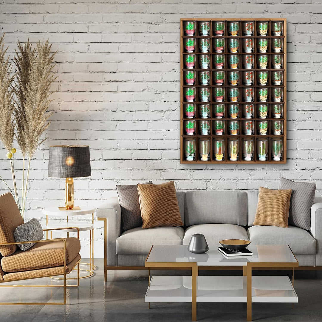 Barydat Schnapsglasvitrine aus Holz, 56 Fächer, Wandmontage, rustikaler Barschrank (Braun, 1 Stück)