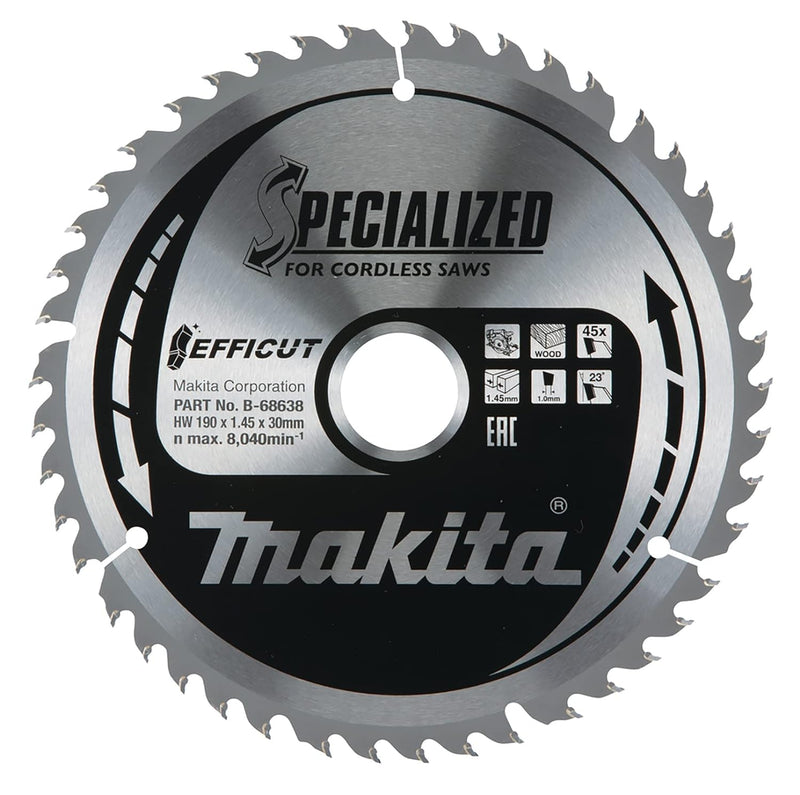 Makita Sägeblatt Efficut Holz für Akku-Handkreissäge (190 x 1,45 x 30 mm, 45 Zähne) B-68638