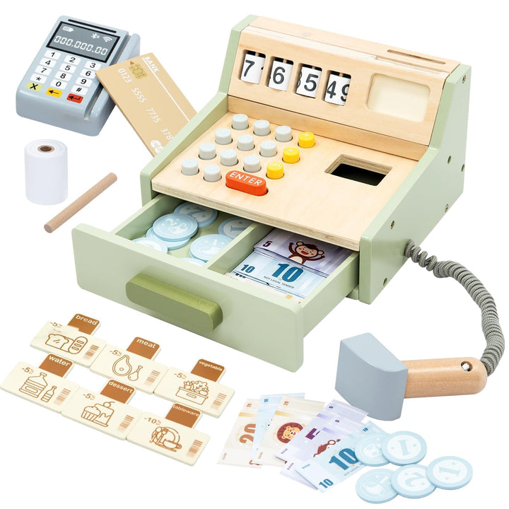 Holzkasse für Kinder – Interaktive Spielkasse für Kaufladen mit Scanner, Kartenleser, Spielgeld & Ho