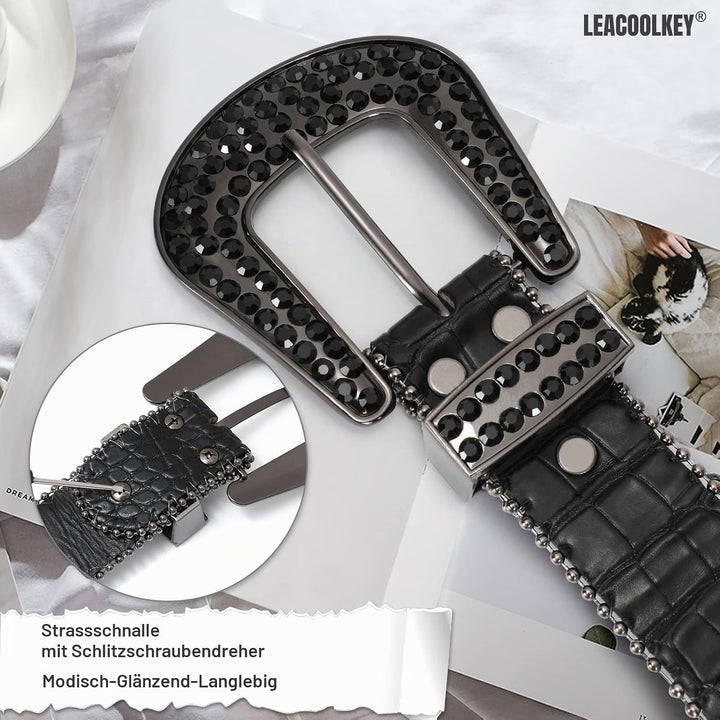 LEACOOLKEY Damen Männer Mode Strass Gürtel, Western Cowgirl Nieten Punk PU Ledergürtel für Jeans S:P