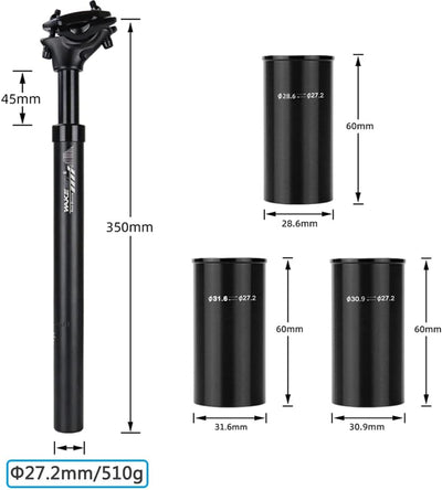 CYSKY Fahrrad Sattelstütze 27,2 x 350mm mit Sattelstützen Adapter 28,6mm 30,9mm 31,6mm, Stossdämpfer